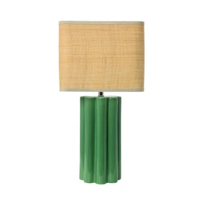 Storied Home Stoneware Table Lamp With Fluted Base And Raffia Shade, Green In Green