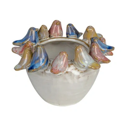 Storied Home Stoneware Planter With Birds On Rim And Reactive Glaze, Multicolor In Multi