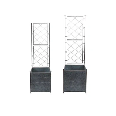 Storied Home 2-piece Galvanized Metal Planters With Trellis, Silver In Gray