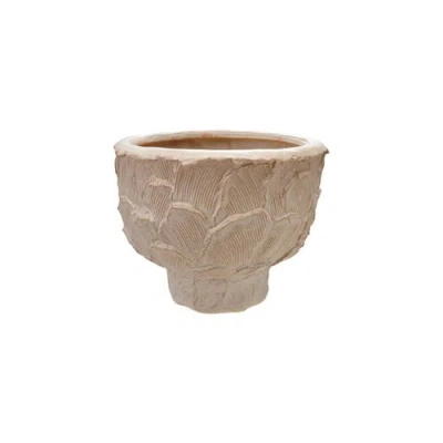 Storied Home Round Embossed Stoneware Planter With Pattern, Cream Color In Neutral