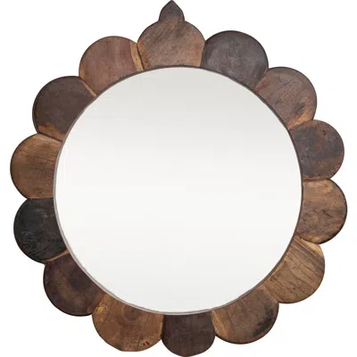 Storied Home 35 Inches Round Vintage Reclaimed Wood Framed Scalloped Wall Mirror, Natural In Brown