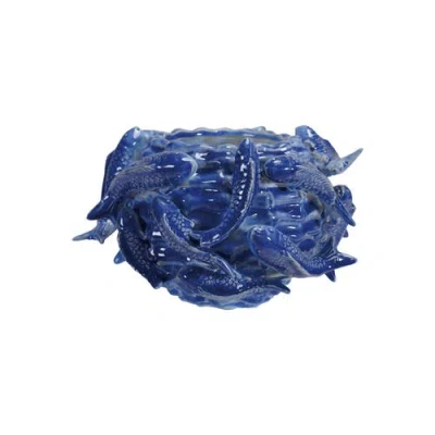 Storied Home Round Handmade Stoneware Planter With 3d Fish In Blue