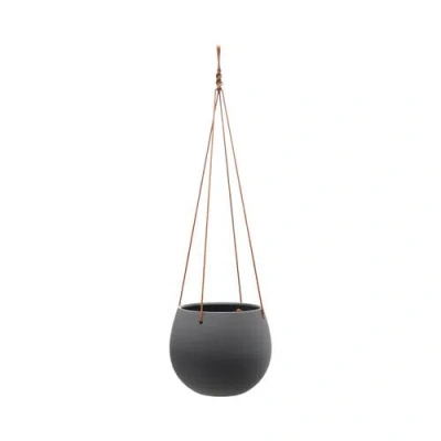 Storied Home Hanging Stoneware Planter With Leather Rope Hanger, Latex Finish, Black In Gray