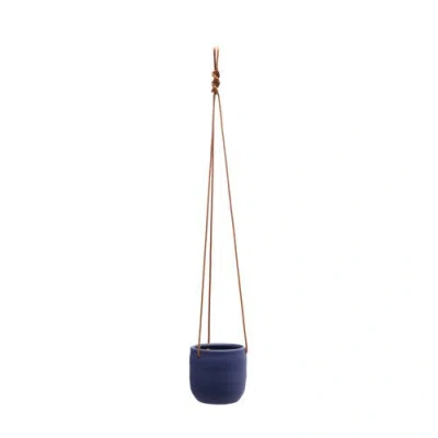 Storied Home Hanging Stoneware Planter With Leather Rope Hanger, Latex Finish, Navy Blue In Blue