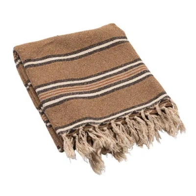 Storied Home Cotton Blend Throw With Stripes And Fringe, Rust Color, Natural And Black In Brown