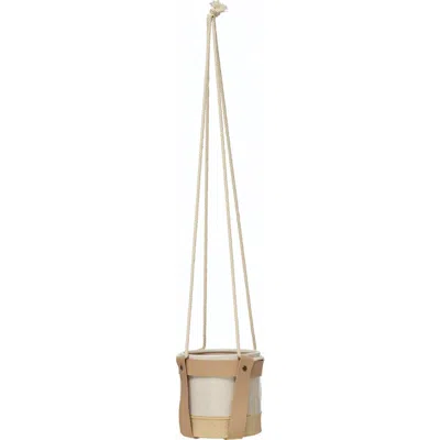 Storied Home Hanging Stoneware Planter With Faux Leather Straps And Rope Hanger In Brown