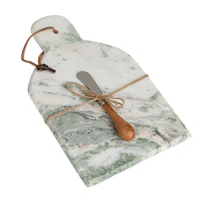 Storied Home Marble And Wood Cutting Board With Knife, Natural And Green In Green