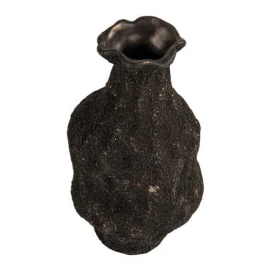 Storied Home Small Stoneware Organic Shaped Vase, Sand Finish, Black In Black