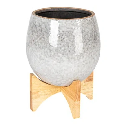 Storied Home Round Stoneware Planter On A Wood Stand With Reactive Glaze, Grey And Natural In Silver