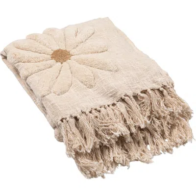 Storied Home Cotton Slub Throw With Tufted Flowers And Fringe, Natural And Tan Color In Neutral