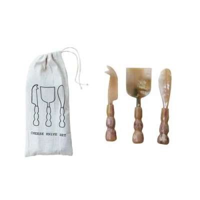 Storied Home Elegance Horn Cheese Servers On A Drawstring Bag, Citron And Plum Color, Set Of 3 In Brown