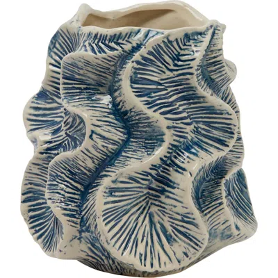 Storied Home Organic Shaped Stoneware Vase With Wavy Pattern Exterior, Blue And Ivory In Blue