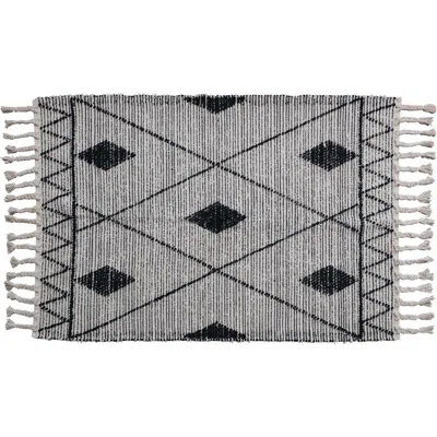 Storied Home Scandinavian Handwoven Cotton Rug With Geometric Pattern And Fringe, Black And White In Black
