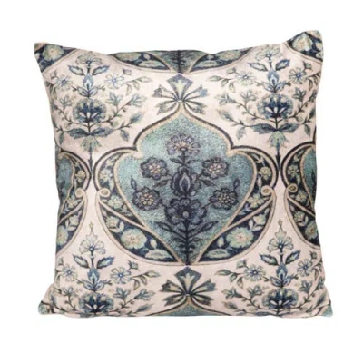 Storied Home Cotton Blend Velvet Printed Pillow With Floral Pattern, Cream Color And Blue In Multi