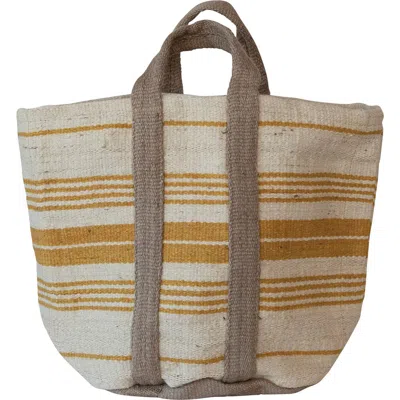 Storied Home Jute And Cotton Tote Bag With Stripes And Handles, Cream, Yellow, And Natural In Multi