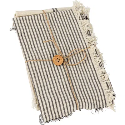 Storied Home Large Woven Cotton Tea Towel With Stripes And Fringe Design For Kitchen, Natural And Bl In Black