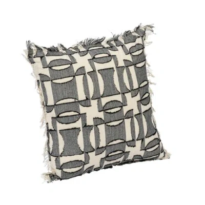 Storied Home 18 Inches Square Woven Cotton Pillow With Geometric Pattern, Chambray Back And Fringe,  In Black