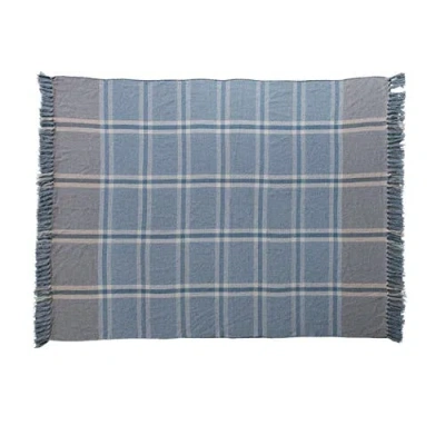 Storied Home Plaid Cotton Blend Throw With Fringe, Blue In Blue
