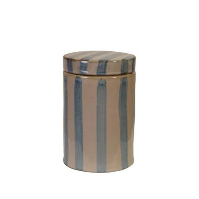 Storied Home Round Stoneware Striped Jar With Lid, Blue And White In Blue