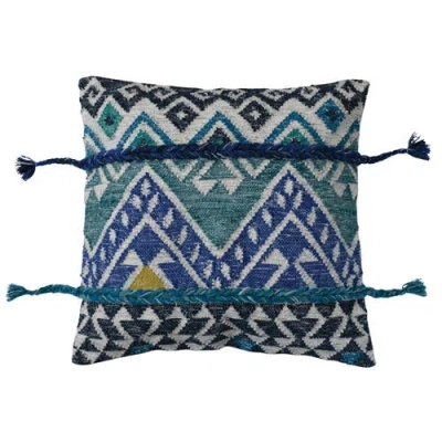 Storied Home Global Wool And Cotton Throw Pillow With Ikat Pattern And Tassels, Multicolor In Blue