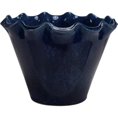 Storied Home Large Stoneware Planter With Ruffled Edge And Drainage Hole With Reactive Glaze, Blue In Blue