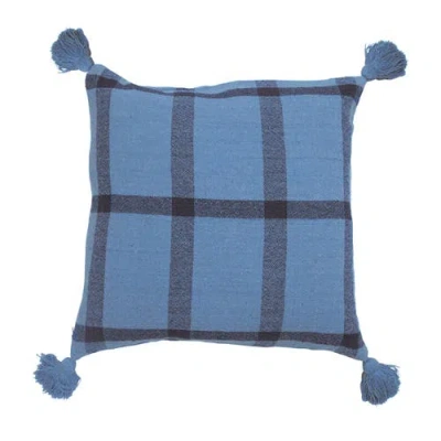 Storied Home Woven Recycled Cotton Blend Pillow With Grid Pattern And Tassels, Blue In Blue