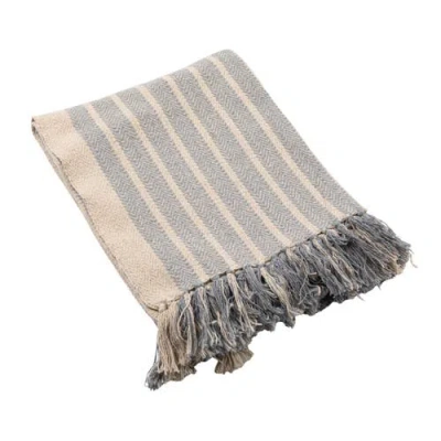 Storied Home Woven Cotton Blend Throw With Stripes And Fringe, Blue And Natural In Blue