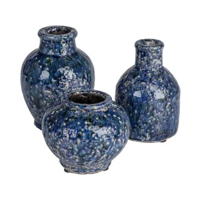 Storied Home Decorative Terra-cotta Vases With Crackle Glaze, Navy, Set Of 3 In Blue