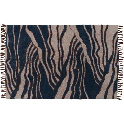 Storied Home Cotton Tufted Rug With Wave Design And Fringe, Beige And Navy In Blue