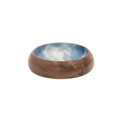 Storied Home Round Enameled Acacia Wood Bowl, Marbled Blue And Natural In Blue