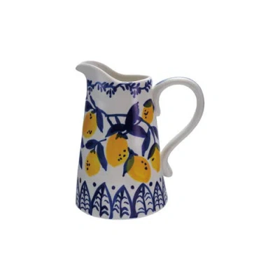 Storied Home 1.5-quart Hand-painted Stoneware Pitcher With Lemons, White, Blue And Yellow In Blue