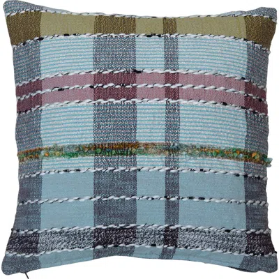 Storied Home Woven Cotton And Wool Madras Plaid Pillow With Chambray Back, Multicolor In Blue