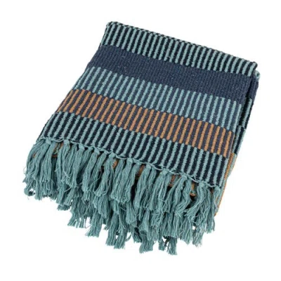 Storied Home Striped Cotton Blend Throw With Fringe, Blue And Cream In Blue