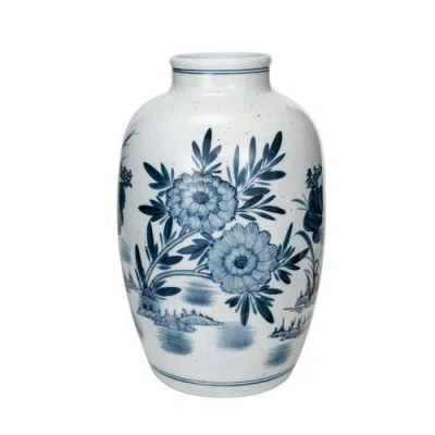 Storied Home Urn Shaped Hand-painted Stoneware Vase With Wide Opening, Blue And White In Blue