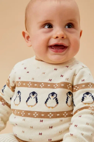 Mori Penguin Fair Isle Knitted Jumper In Neutral