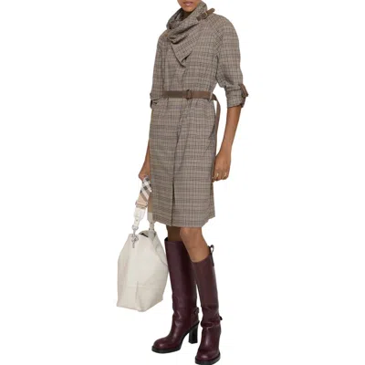 Burberry Scarf Collar Check Wool Dress In Gray