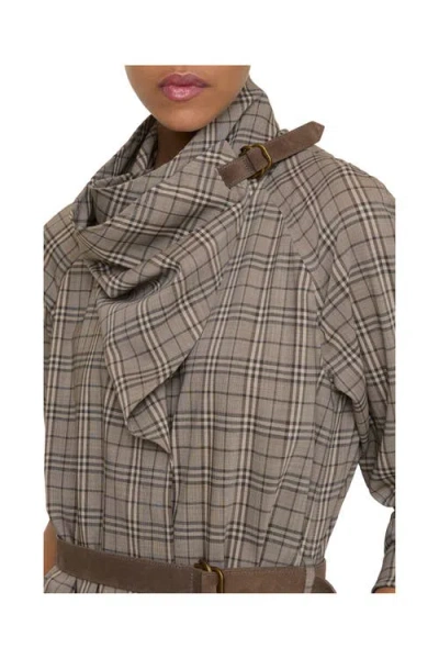 Burberry Scarf Collar Check Wool Dress In Gray