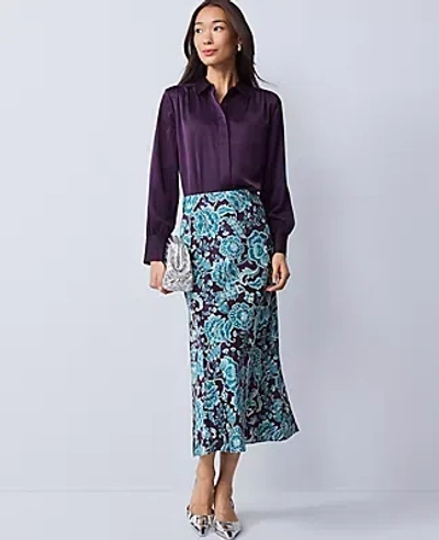 Ann Taylor Floral Satin Midi Slip Skirt In Purple