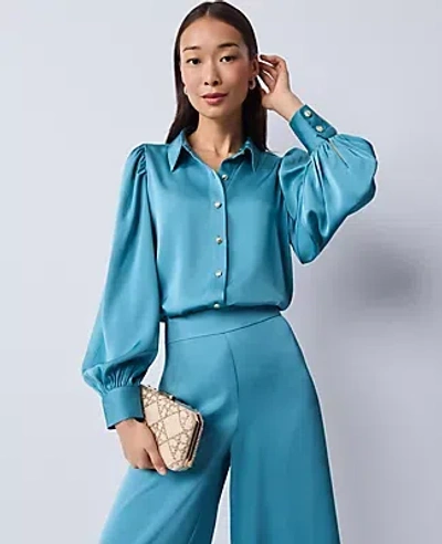 Ann Taylor Satin Blouson Sleeve Blouse In Blue