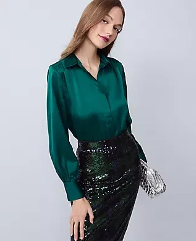 Ann Taylor Collared Shirred Yoke Button Down Shirt In Green