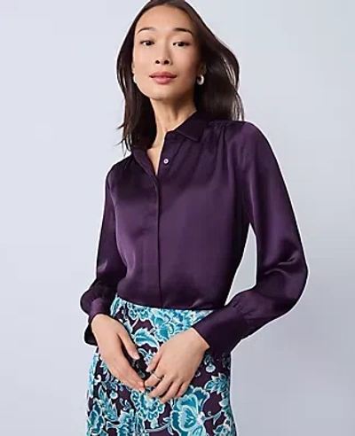 Ann Taylor Collared Shirred Yoke Button Down Shirt In Purple