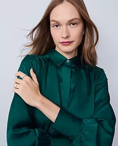 Ann Taylor Collared Shirred Yoke Button Down Shirt In Green