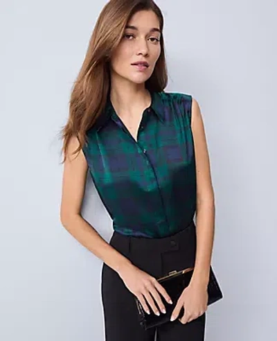 Ann Taylor Petite Plaid Satin Sleeveless Shirt In Green