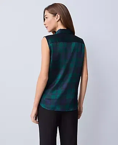 Ann Taylor Petite Plaid Satin Sleeveless Shirt In Green
