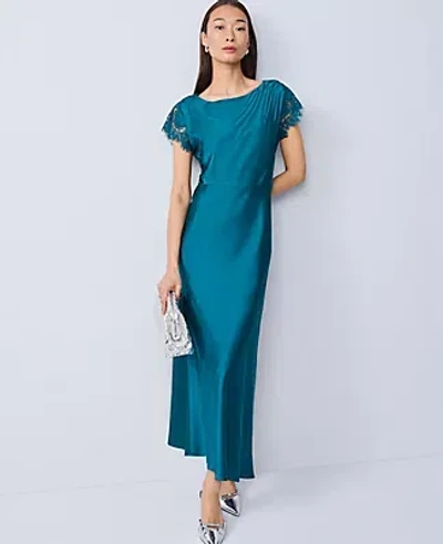 Ann Taylor Petite Lace Trim Satin Midi Dress In Blue