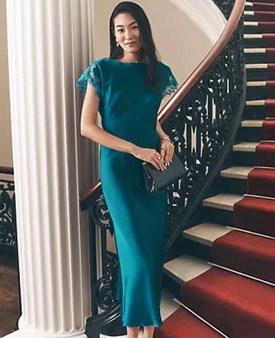 Ann Taylor Petite Lace Trim Satin Midi Dress In Blue