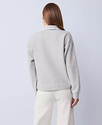 Ann Taylor Petite Weekend Collection Crochet Trim Collared Sweatshirt In Gray