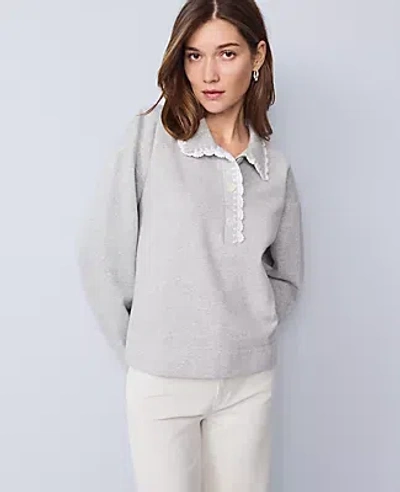 Ann Taylor Petite Weekend Collection Crochet Trim Collared Sweatshirt In Gray