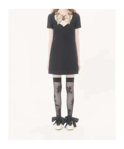 Valentino Embroidered Crepe Couture Short Dress In Black