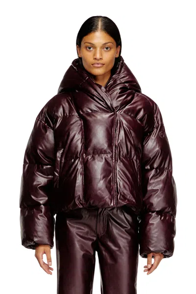 Diesel Burgundy Hooded Puffer Jacket In Coated Fabric In Burgundy